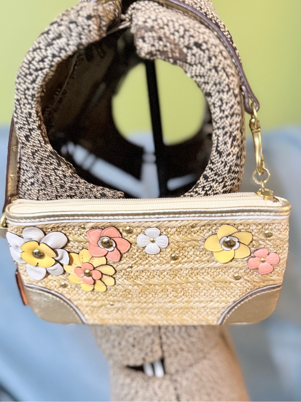 Coach Woven Straw Floral Applique Crossbody Bag